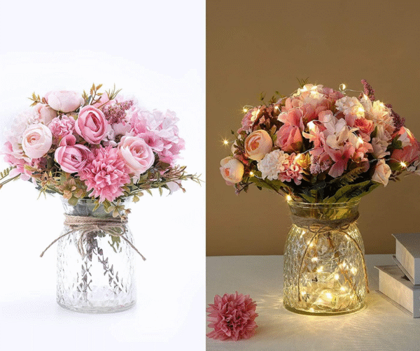 Artificial Rose Bouquets with LED Lights and Glass Vase - Image 2
