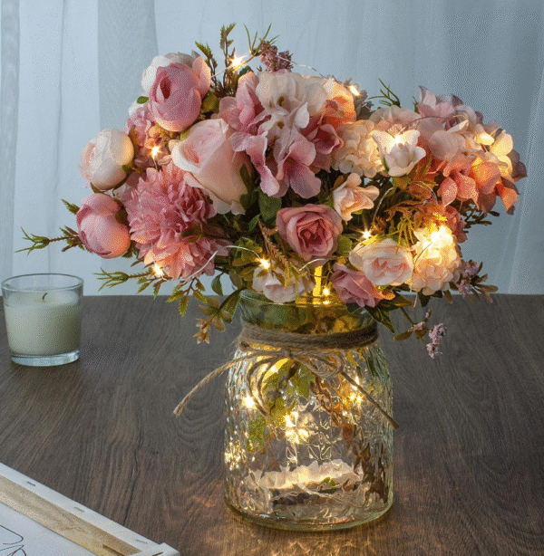 Artificial Rose Bouquets with LED Lights and Glass Vase - Image 3